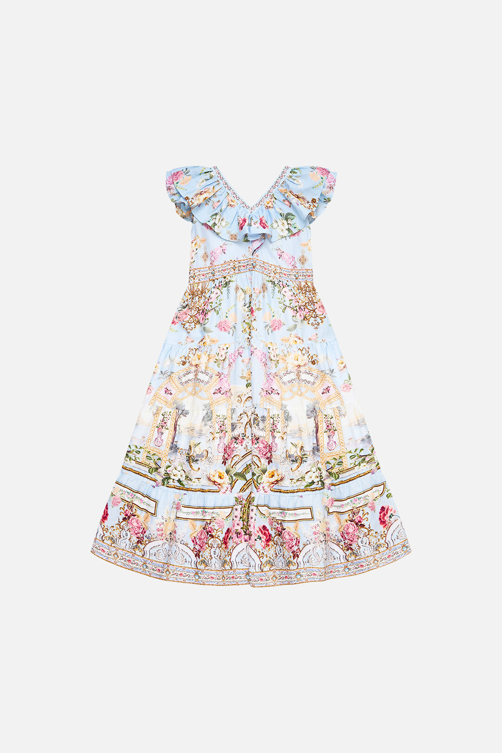 KIDS TIERED MAXI DRESS WITH FRILL NECK TILED IN TIME