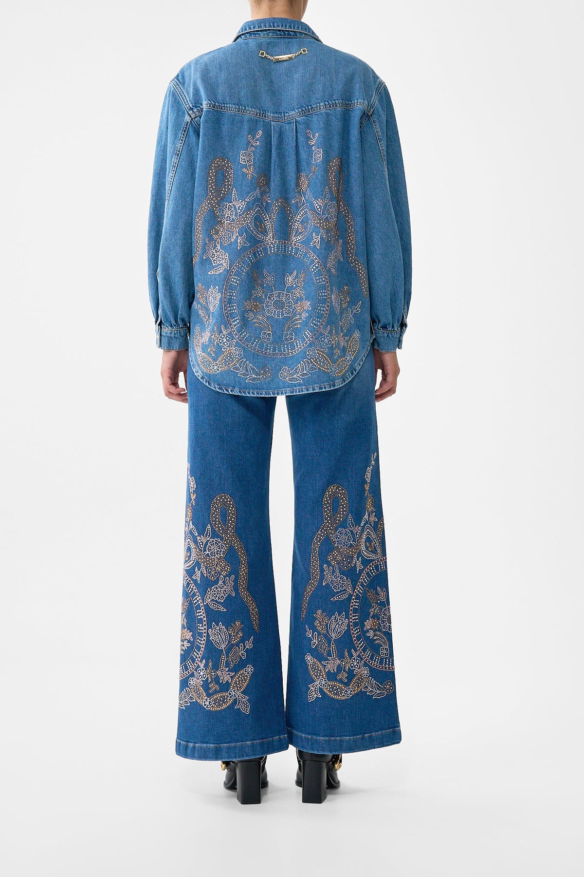 The CAMILLA Lalita Ace Of Lace Long Line Shirt in our Denim print.