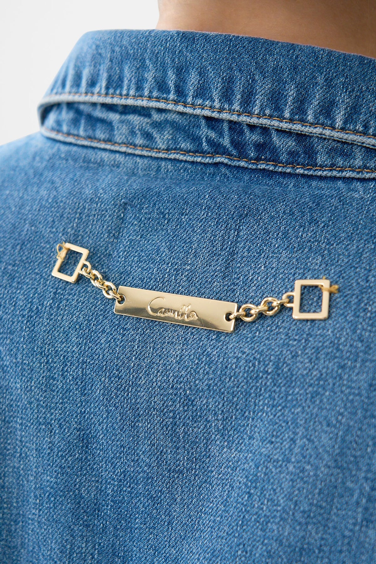 The CAMILLA Lalita Ace Of Lace Long Line Shirt in our Denim print.