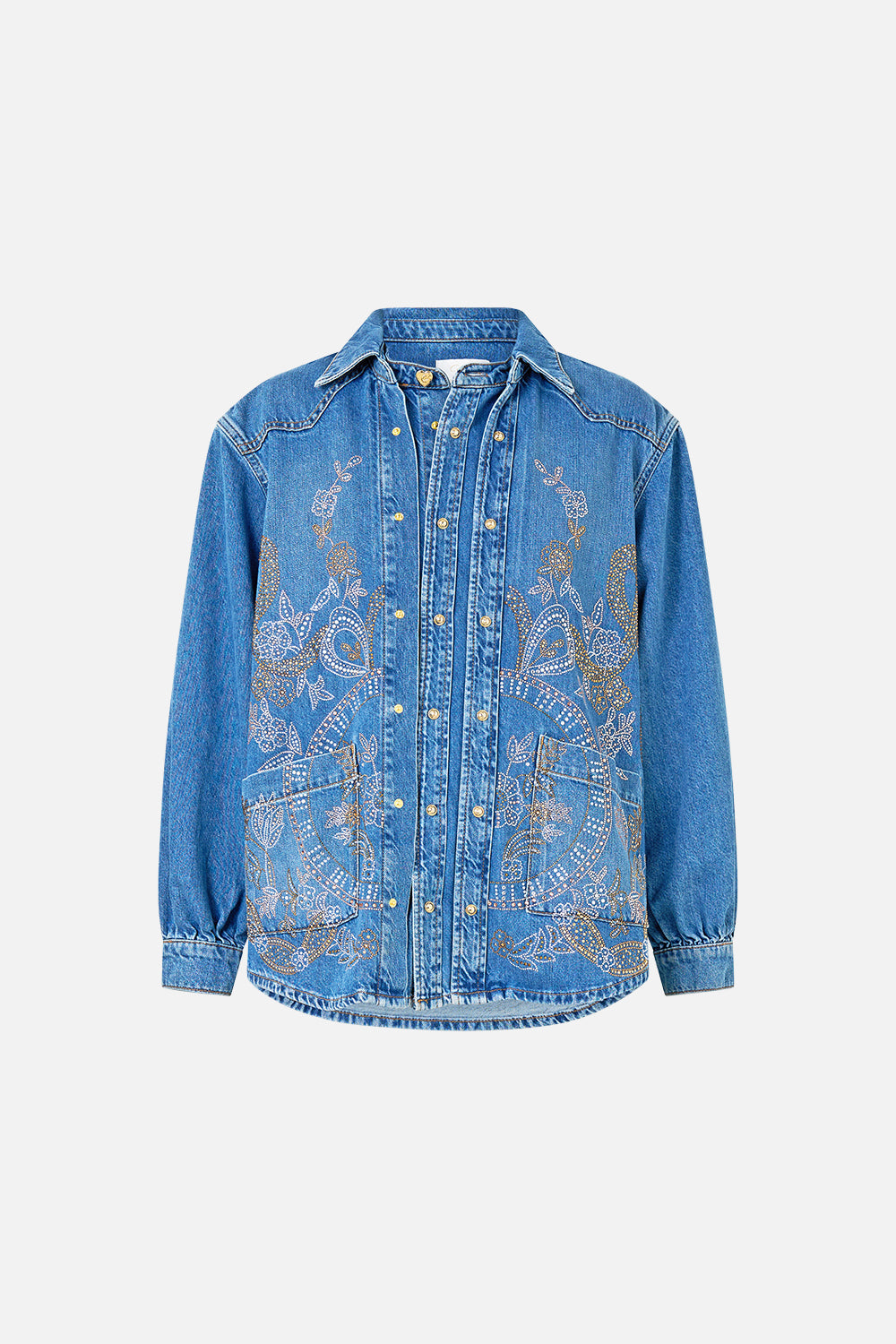 The CAMILLA Lalita Ace Of Lace Long Line Shirt in our Denim print.