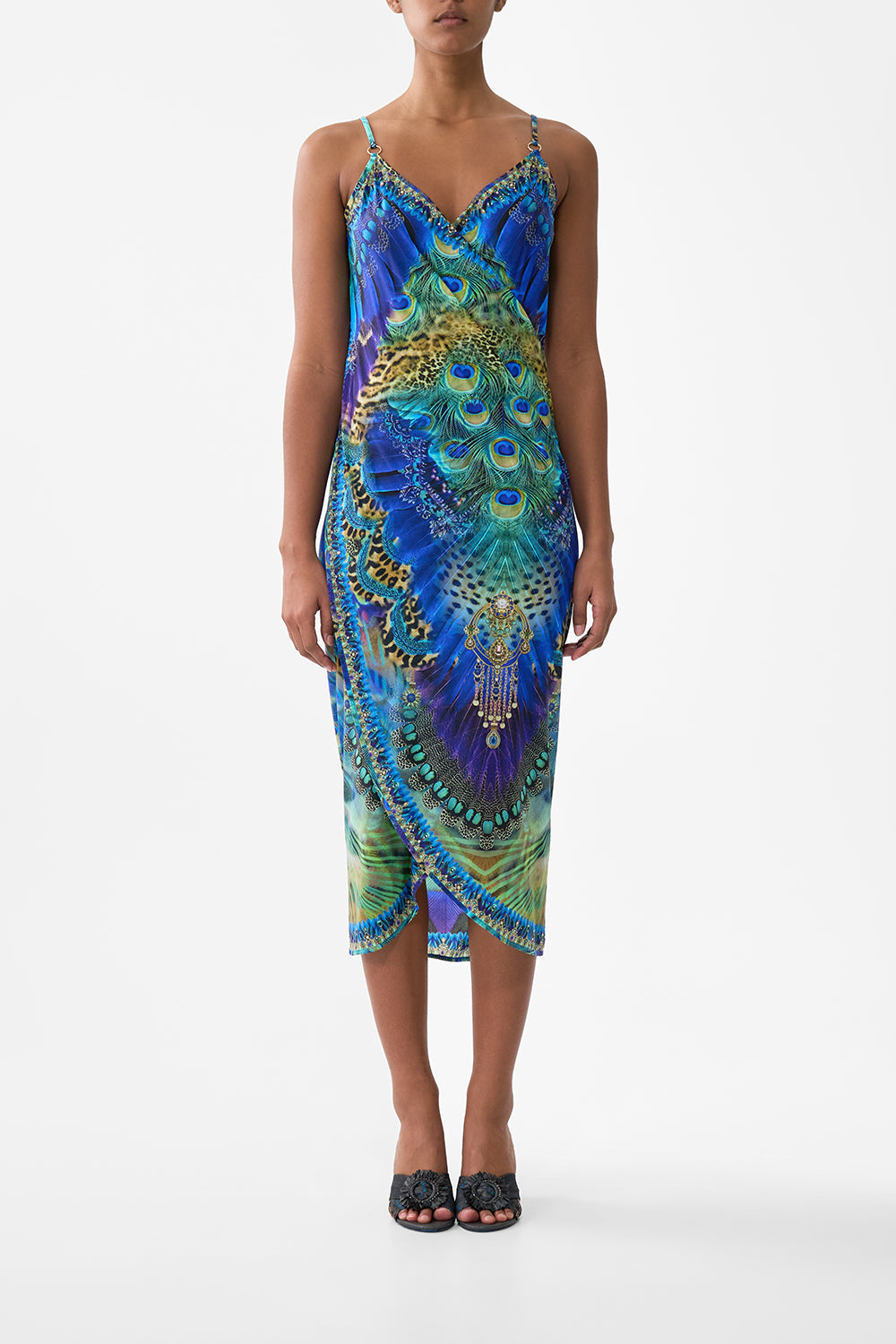 WRAP FRONT BACKLESS BEACH MIDI DRESS WITH TRIMS COSMIC ZOOLOGY