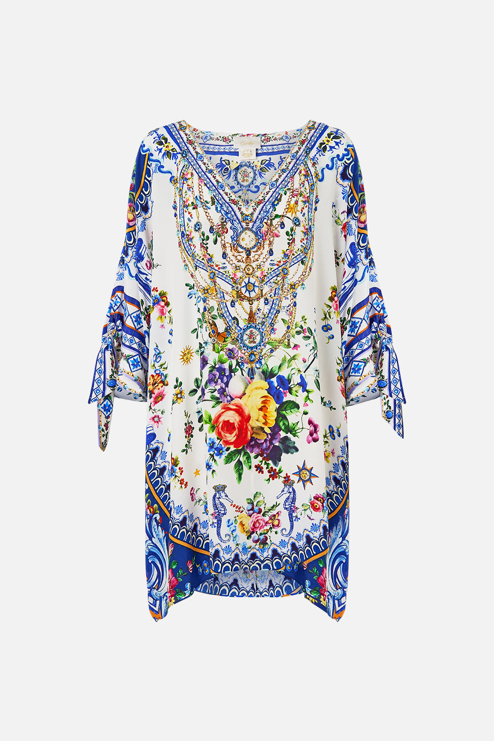 The CAMILLA Tie Sleeve Short V Neck Kaftan in our Tiles Darls print.