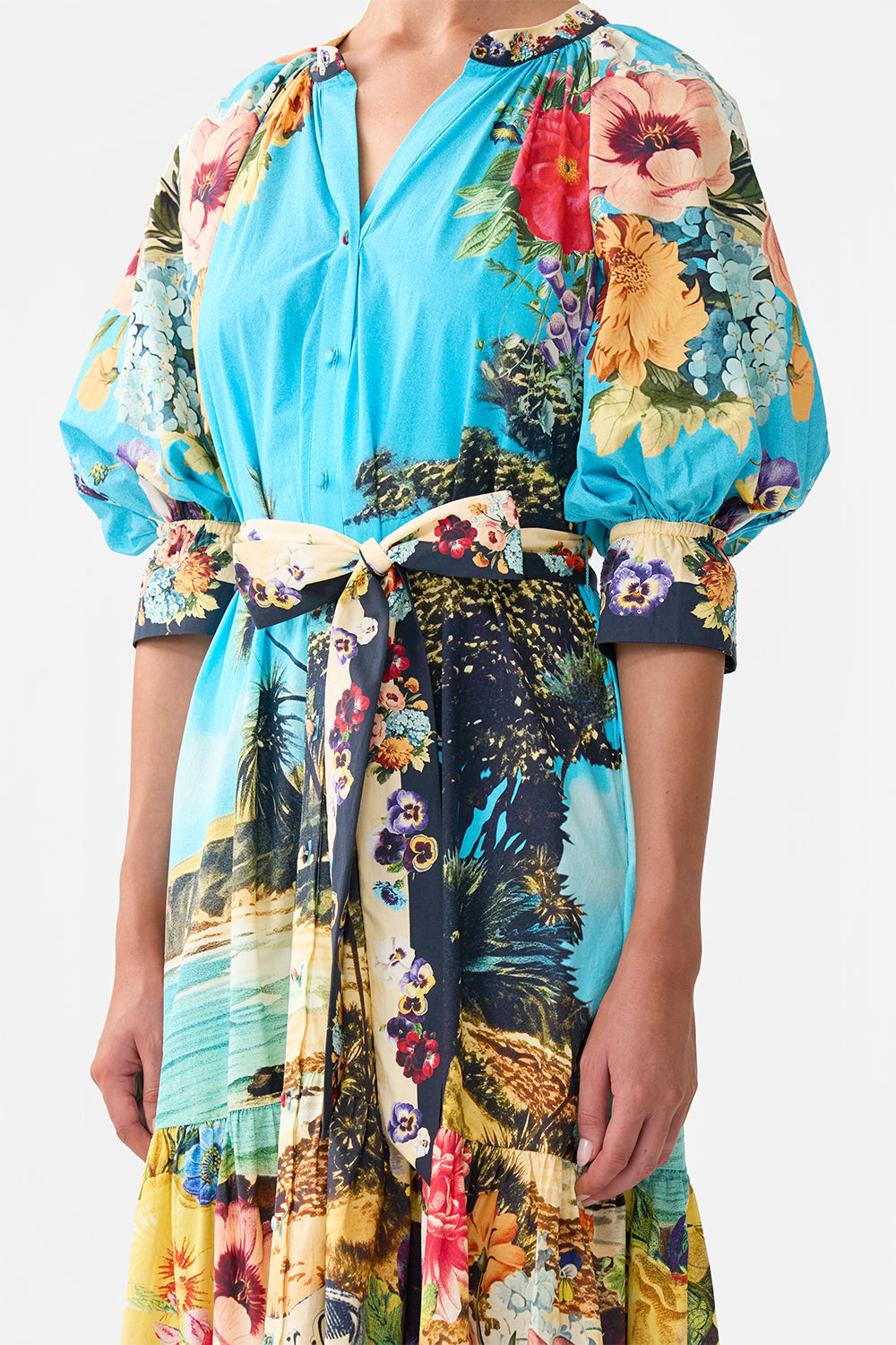 The CAMILLA Tiered Shirt Dress With Short Sleeve in our Bathing Bombshell print.