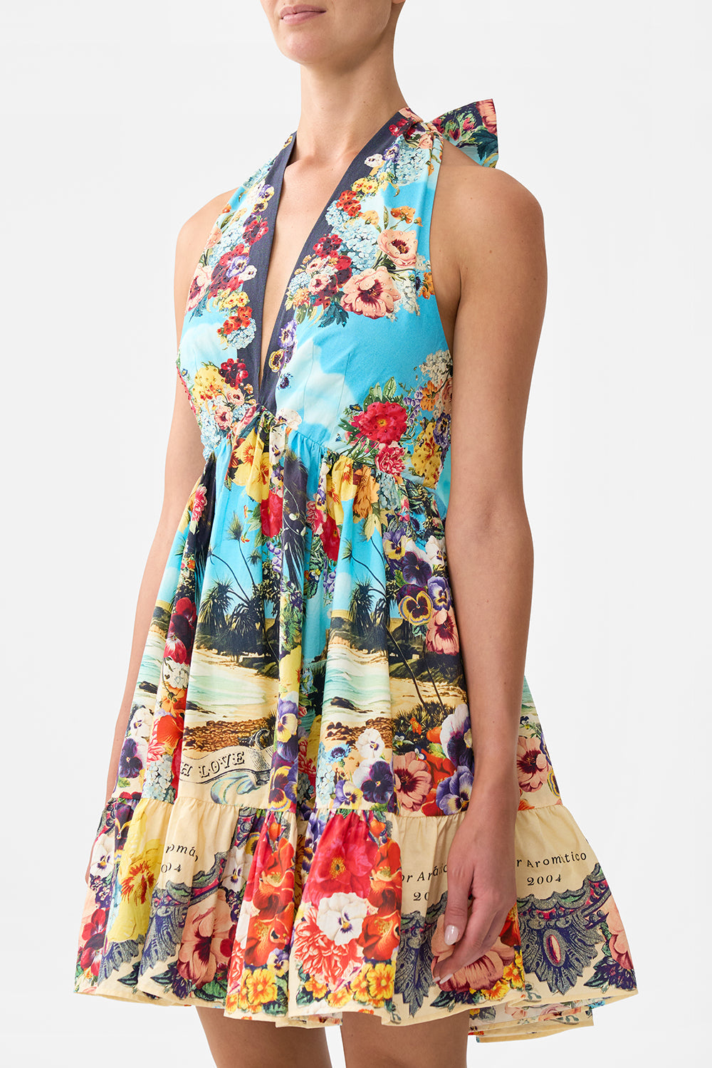 The CAMILLA Ruffle Hem Halter Short Dress in our Bathing Bombshell print.