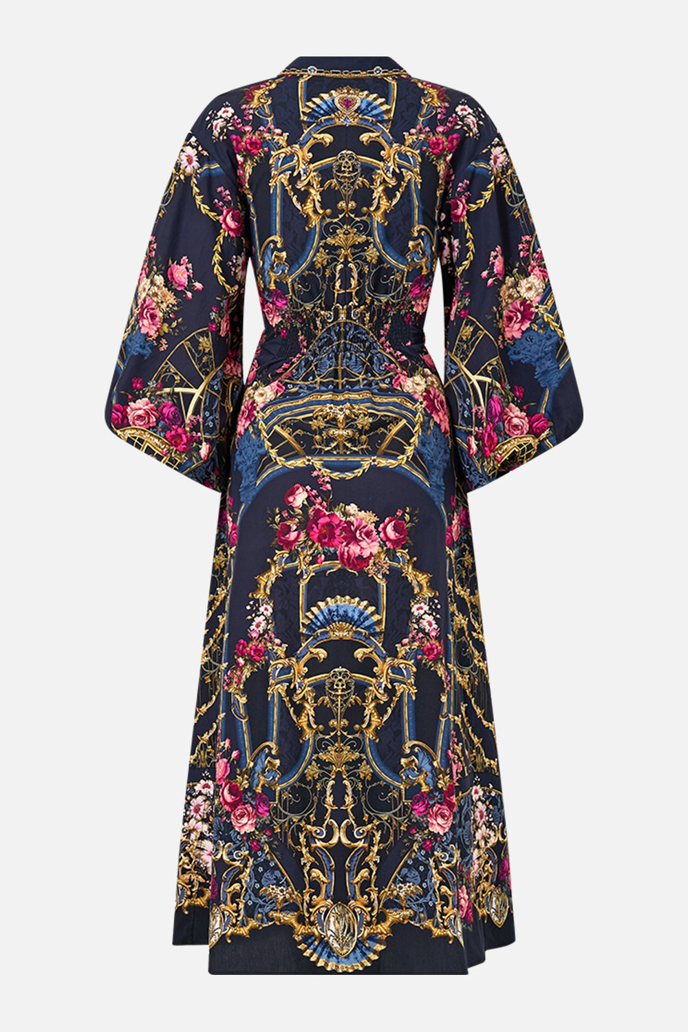 The CAMILLA Waist Tie Shirt Dress With Bubble Sleeve in our Ornate On A Plate print.