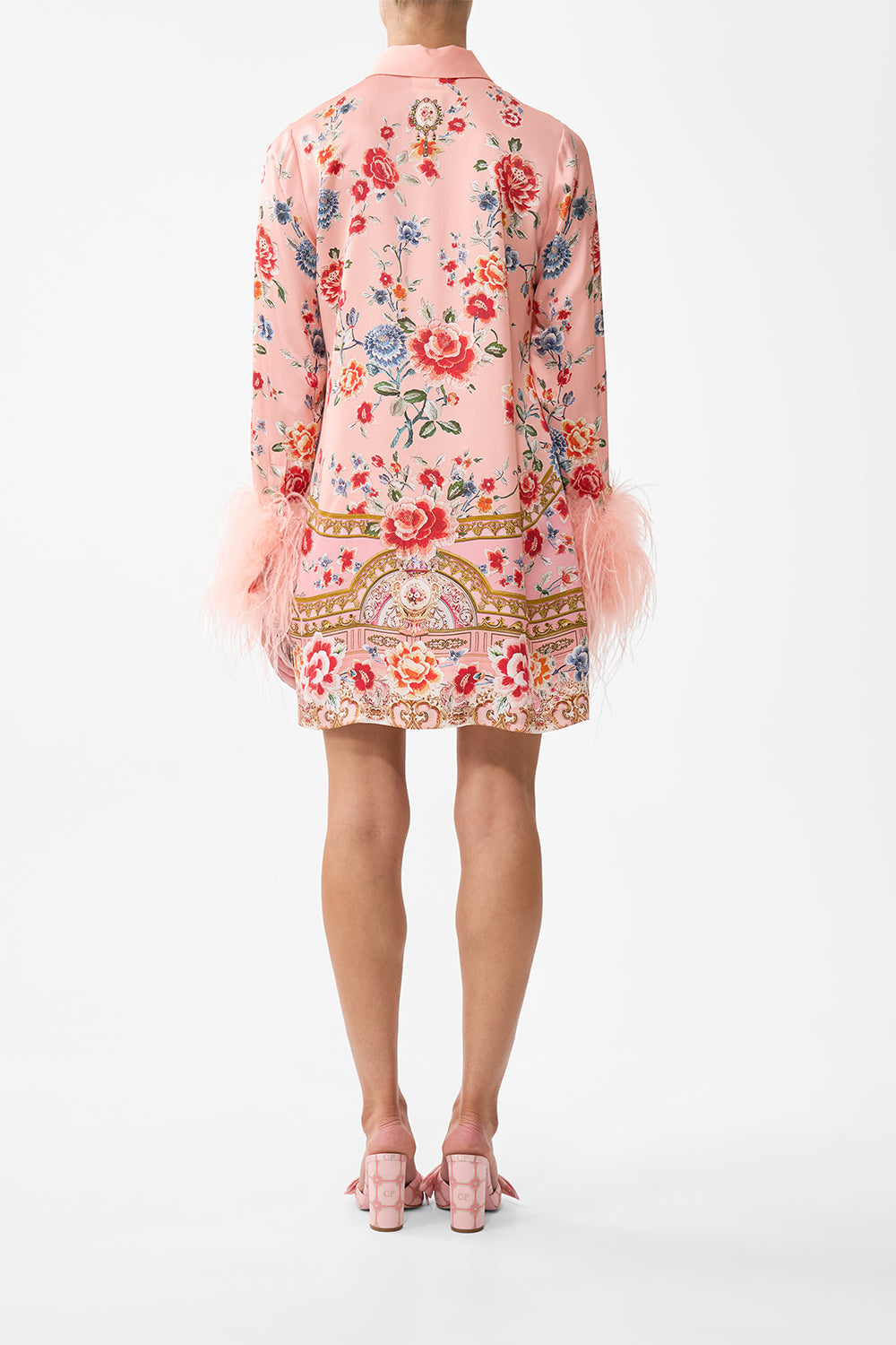 The CAMILLA Mini Shirt Dress With Feathers in our Majestic Milla print.