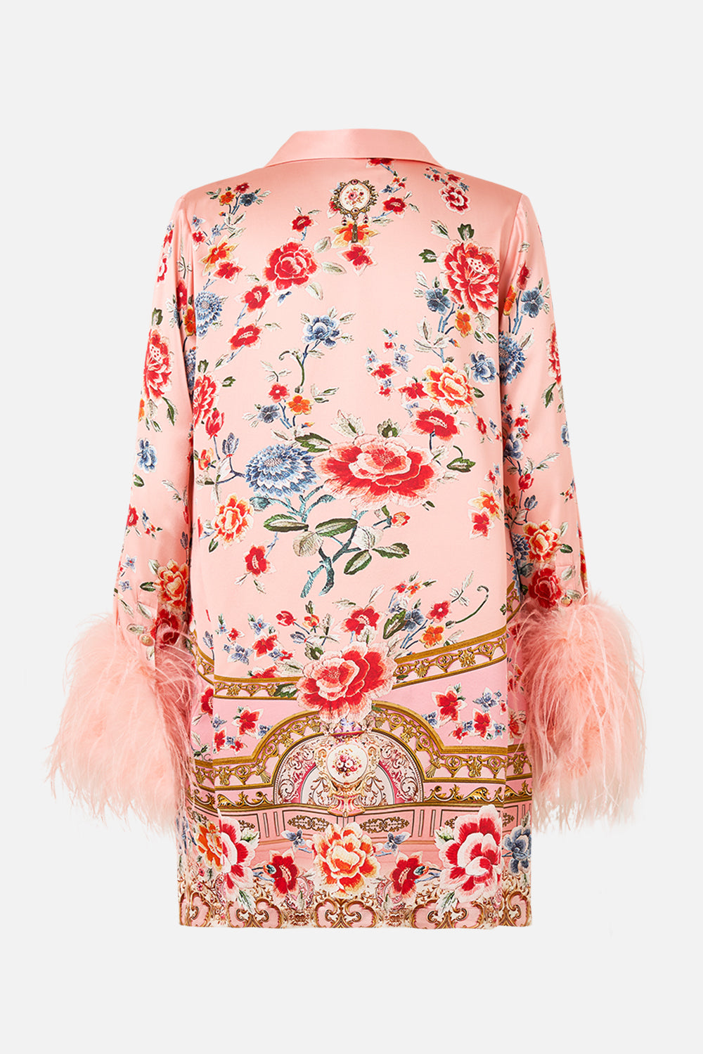 The CAMILLA Mini Shirt Dress With Feathers in our Majestic Milla print.