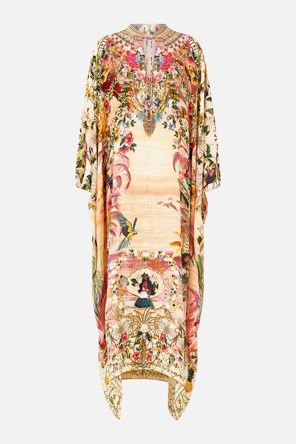 CAMILLA Neck Tie Maxi Kaftan in Welcome To The White Lotus print