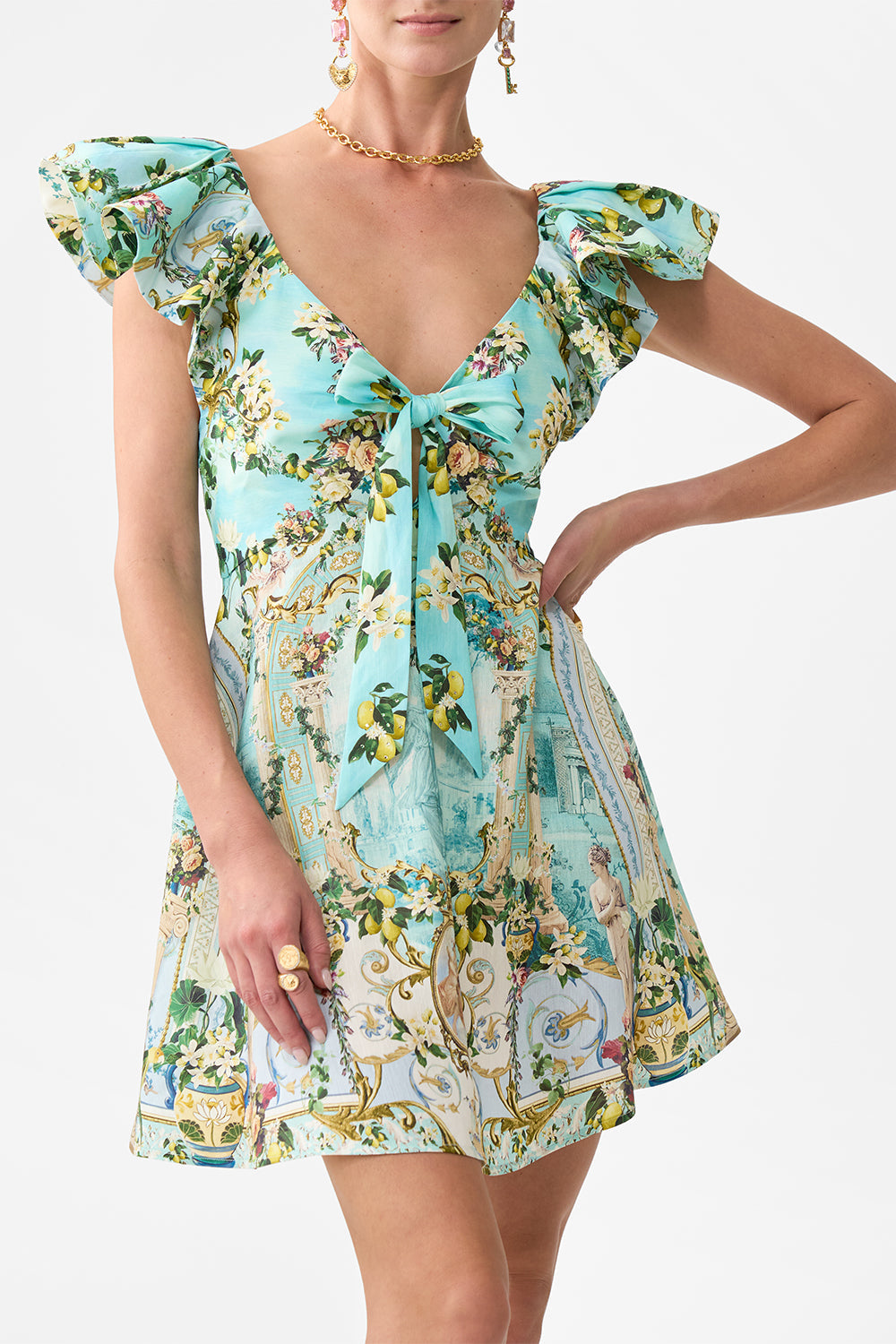 TIE FRONT FRILL SLEEVE SHORT DRESS VENUS ON A VESPA