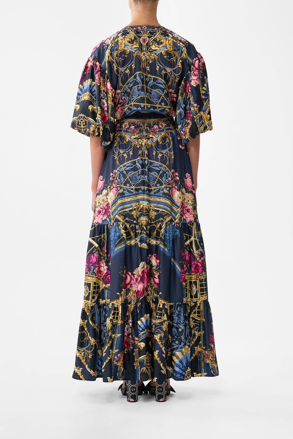 The CAMILLA High Waisted Tiered Skirt in our Ornate On A Plate print.