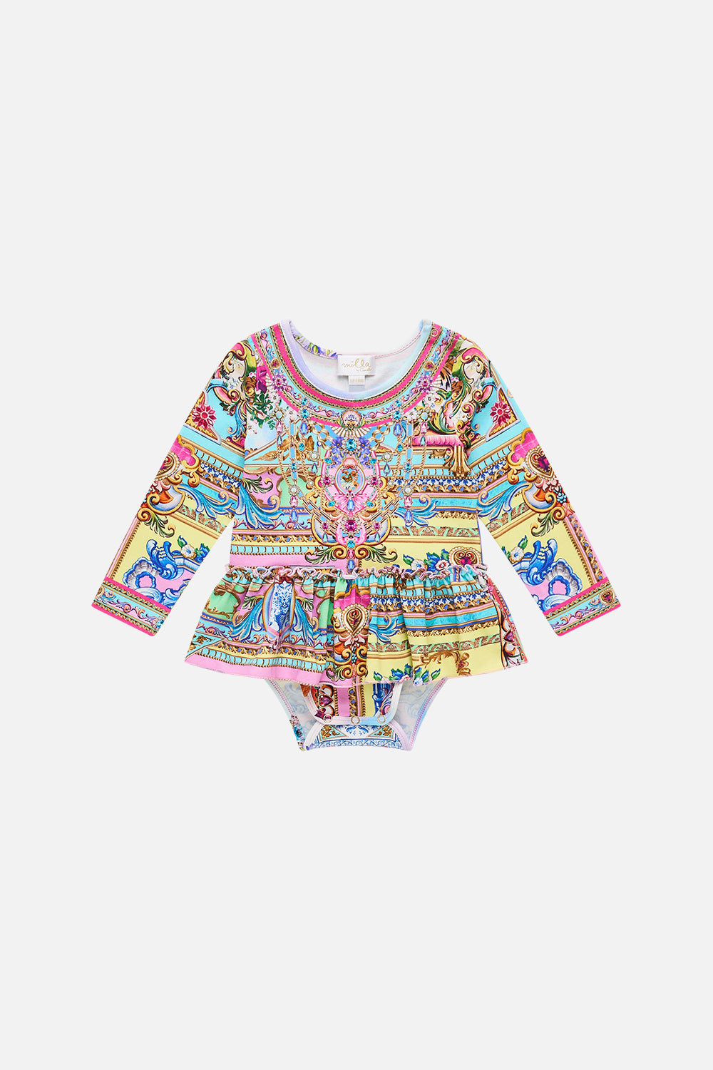 The CAMILLA Babies Long Sleeve Bodysuit W Jersey Skirt in our Spirit Of Santa Maria print.