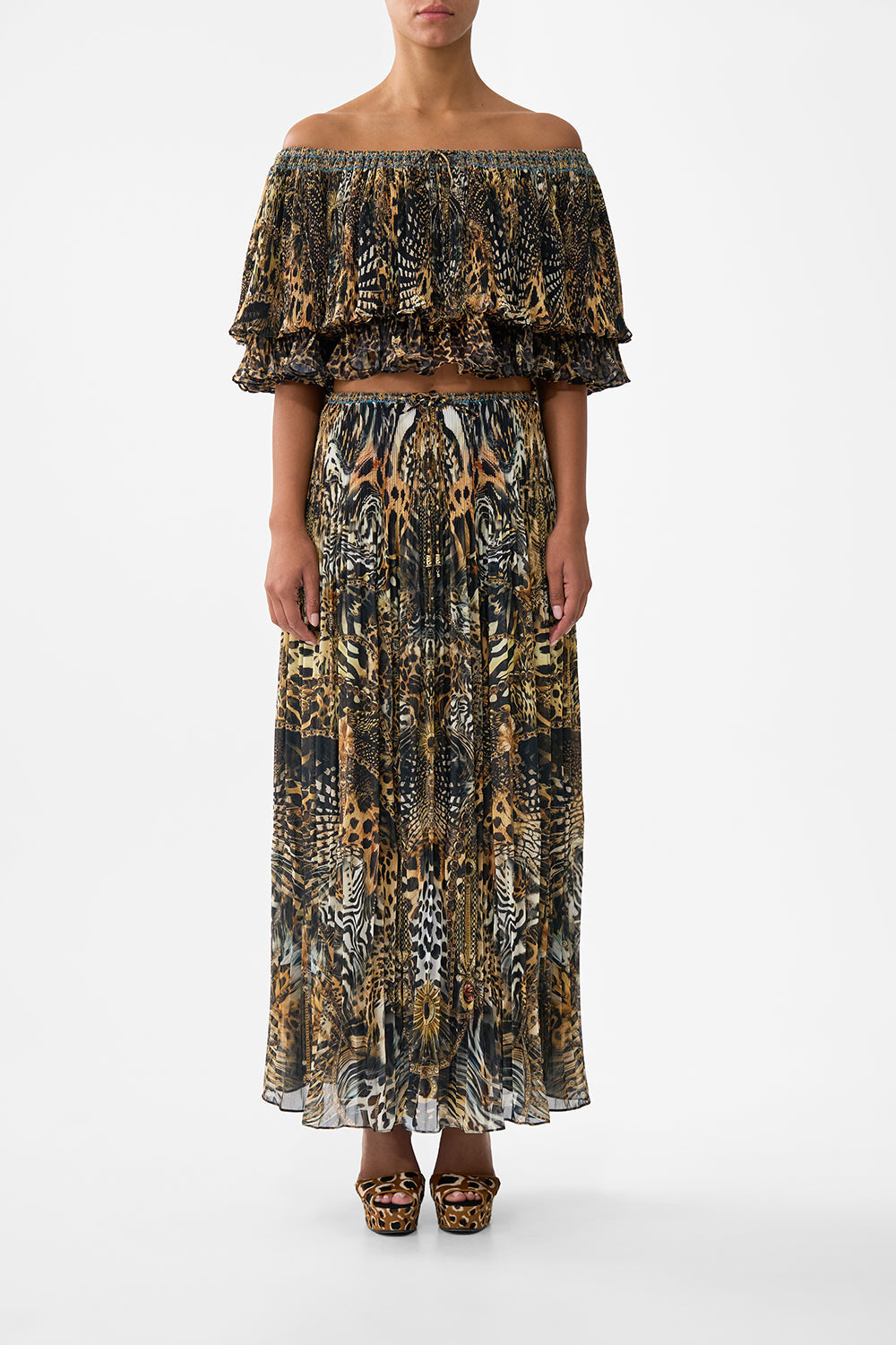 OFF SHOULDER SHORT SLEEVE PLEATED TOP FELINE FOLKLORE