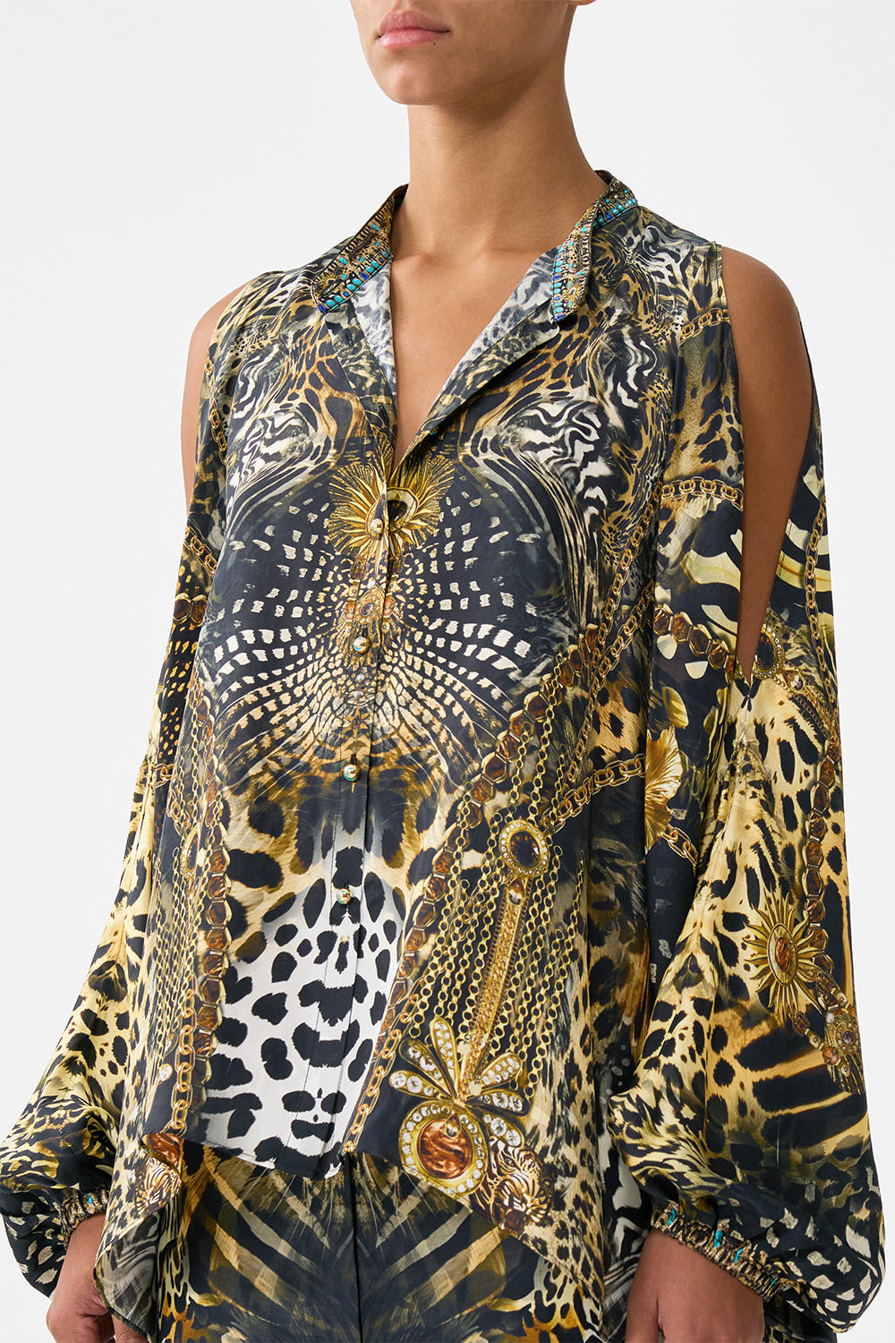 MANDARIN COLLAR COLD SHOULDER BLOUSE FELINE FOLKLORE