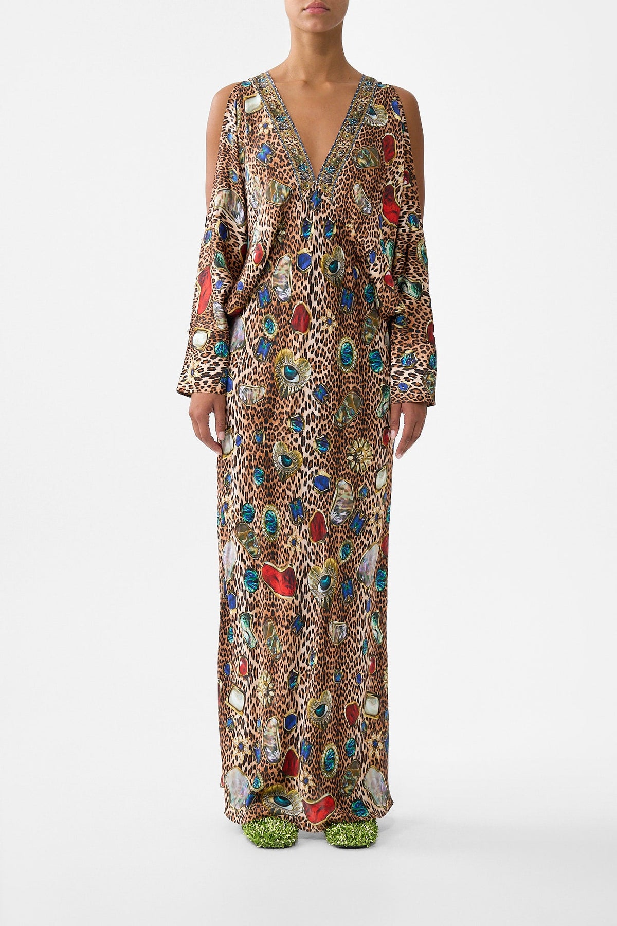 PLUNGE NECK DRAPED SHOULDER DRESS NAZAR NIRVANA