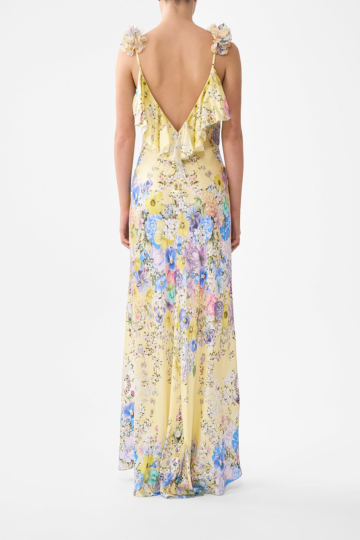 V NECK BIAS SLIP DRESS WITH BACK FRILL DARLING BUDS