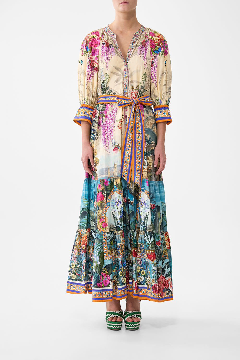 TIERED SHIRT DRESS WITH SHORT SLEEVE BODRUM BOTANICALS