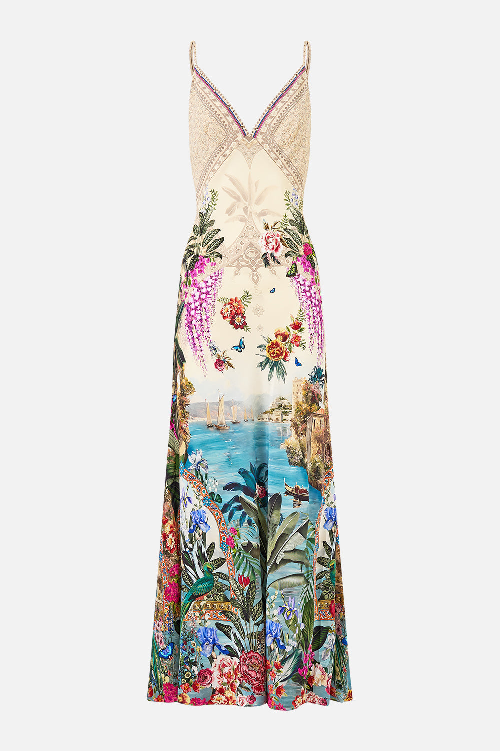 V-NECK FULL LENGTH BIAS SLIP DRESS BODRUM BOTANICALS