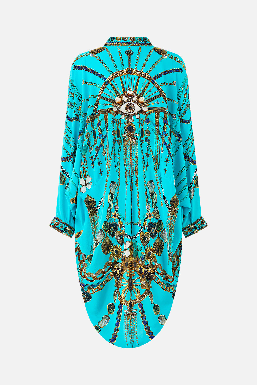 BUTTON UP TOP WITH DRAPED BACK TOTEMS AND TREASURES