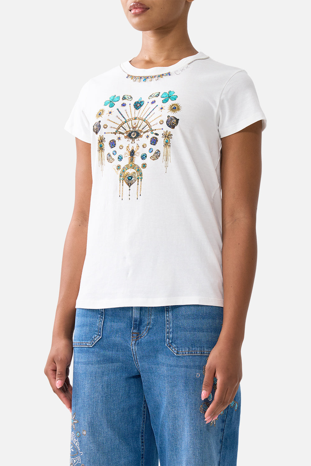 SLIM FIT ROUND NECK T-SHIRT - WHITE/MULTI TOTEMS AND TREASURES