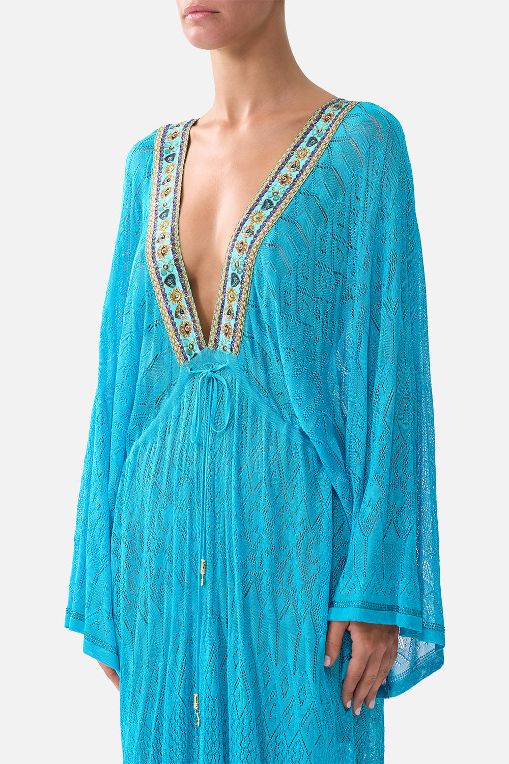 KNIT KAFTAN WITH SILK NECKLINE TOTEMS AND TREASURES