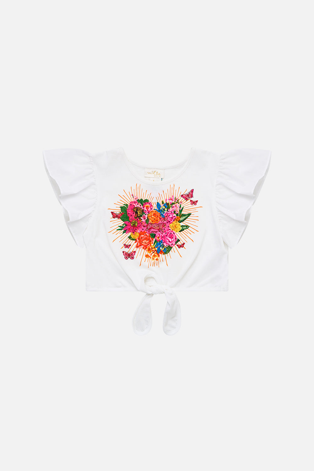 KIDS TIE FRONT CROP TEE WITH FRILL SLEEVE ILLUSTRATION NATION