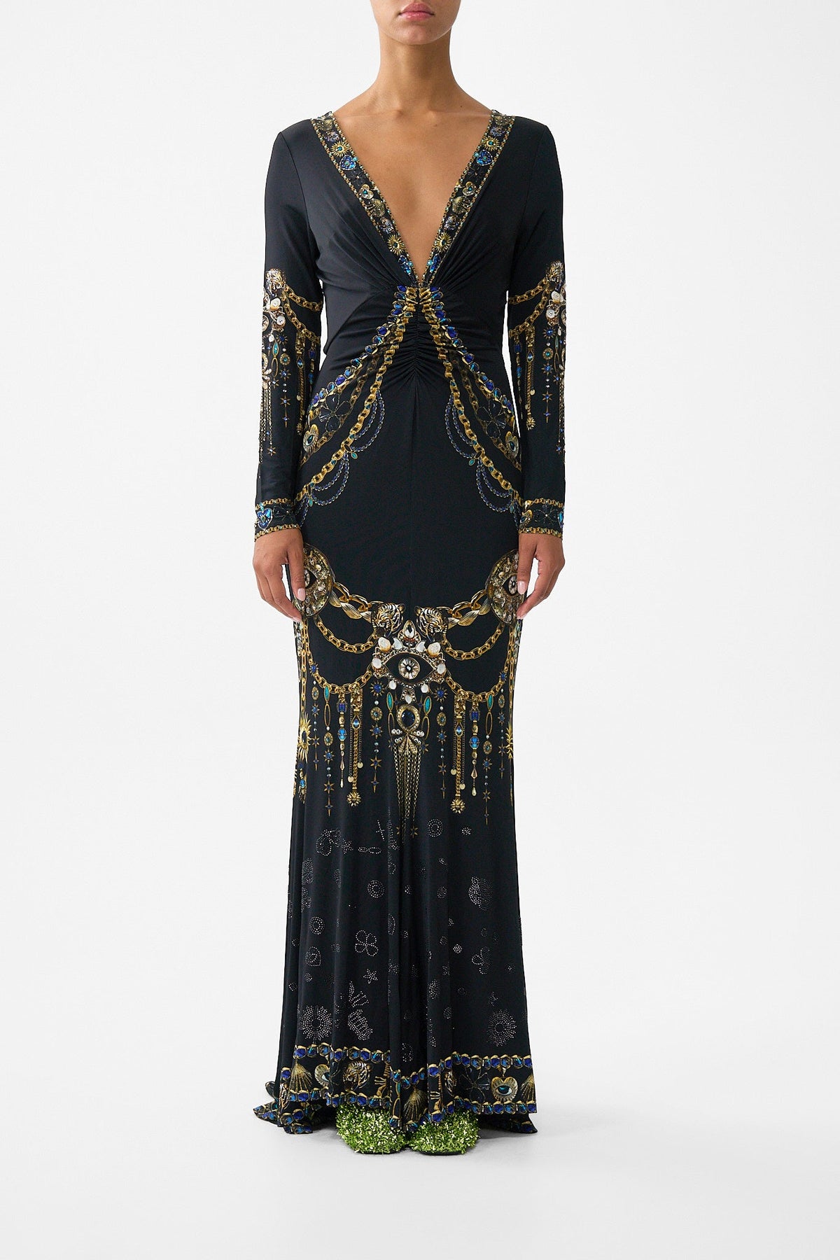 LONG SLEEVE GATHERED DRESS WITH TRAIN AMULETS AND ALCHEMY