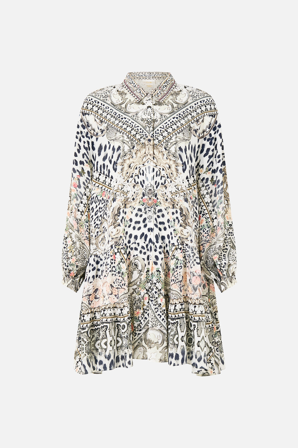 The CAMILLA Long Sleeve Tiered Short Dress in our Marble Heaven print.