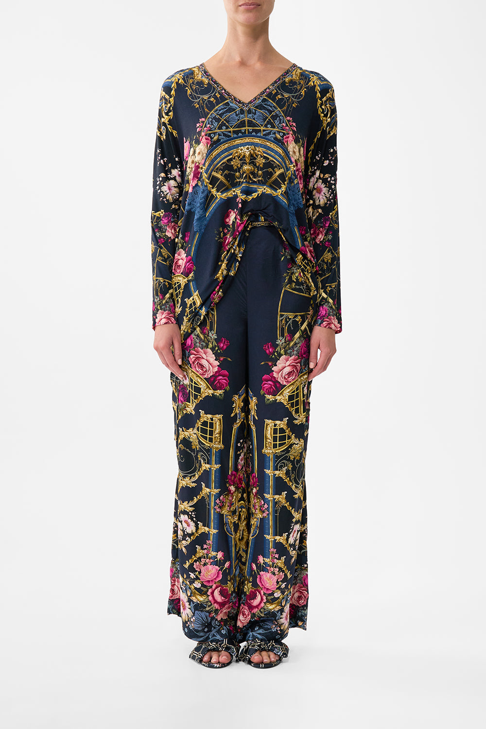 The CAMILLA Side Split Jersey Tee in our Ornate On A Plate print.