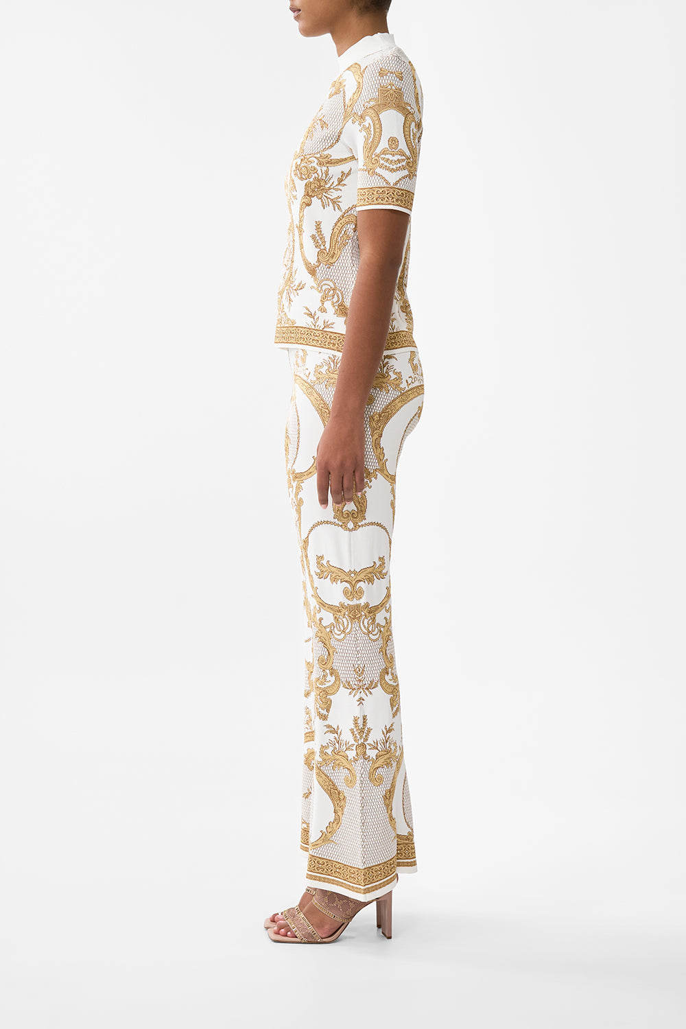 The CAMILLA Flared Jacquard Knit Pant in our Dressing Room Drama print.