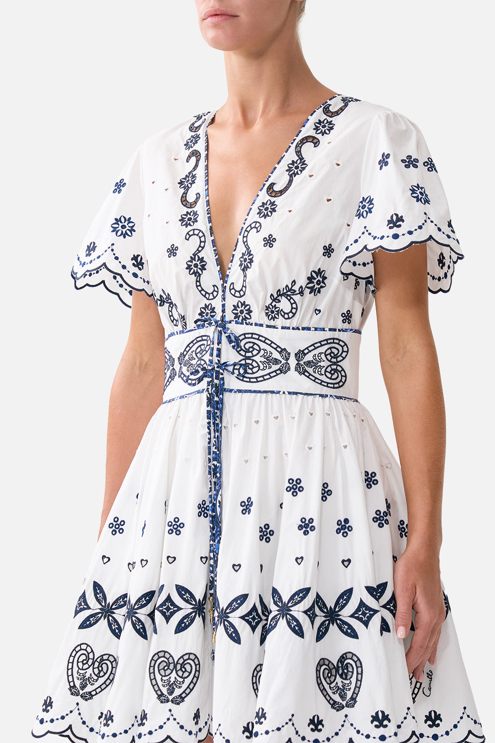 DEEP V MINI DRESS WITH TIES A TILED WONDERLAND