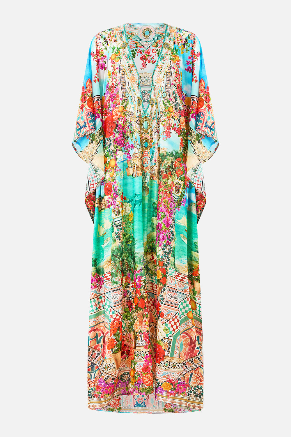 LONG V NECK KAFTAN W RING FRONT TRIM MEET ME IN MALLORCA