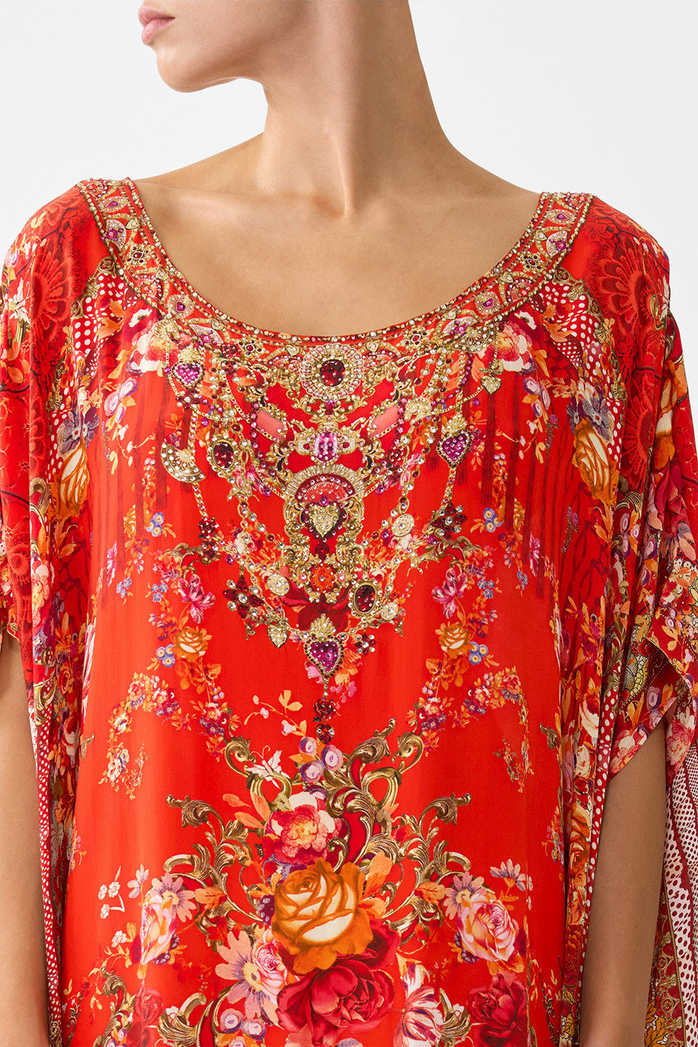 SHORT ROUND NECK KAFTAN WITH FRINGING OLÉ OLÉ