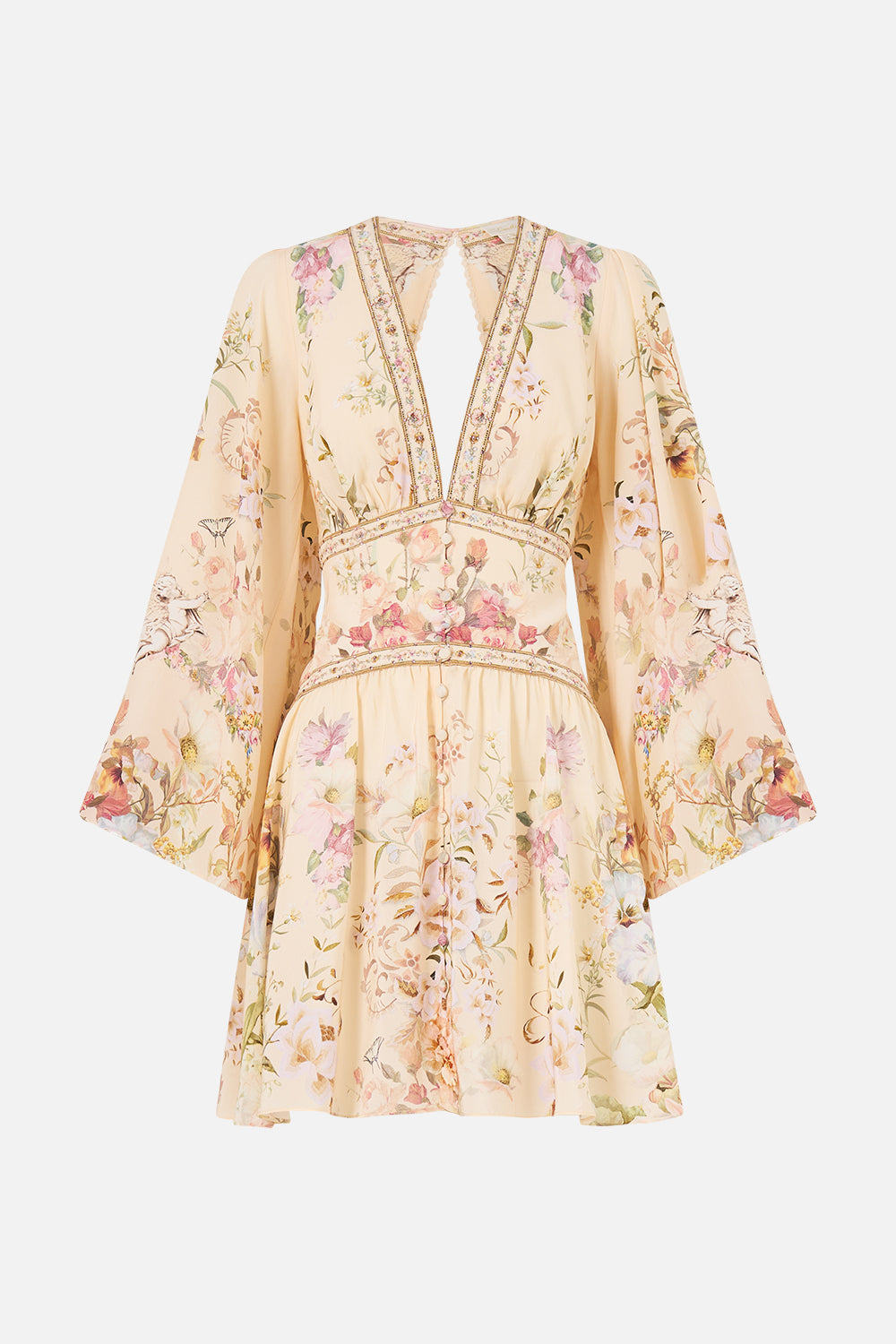 BUTTON DOWN SHORT DRESS WITH OPEN BACK ADORNED IN ARANJUEZ