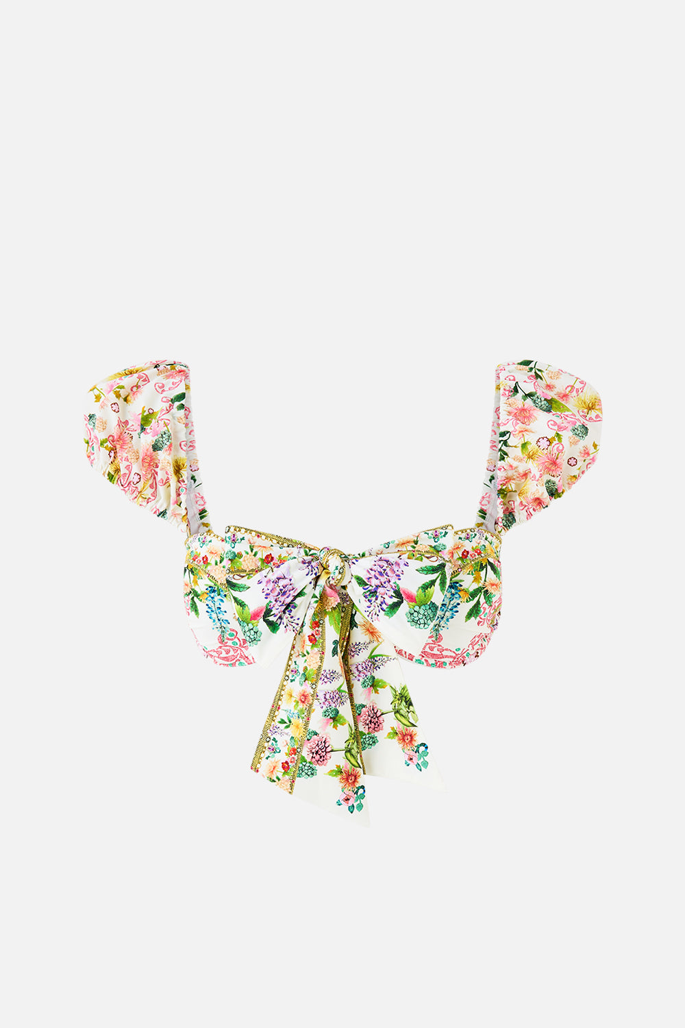 TIE FRONT UNDERWIRE BIKINI TOP WITH PUFF SLEEVE THE CALL OF CATALONIA