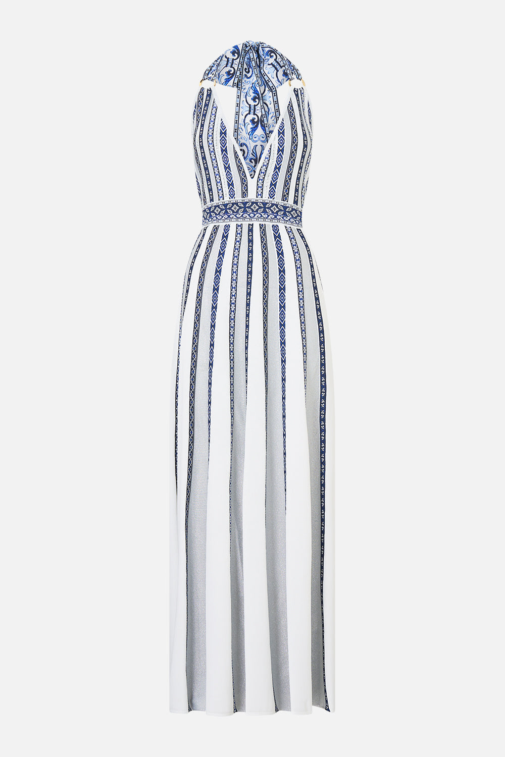 HALTER NECK KNIT DRESS WITH SILK TIE A TILED WONDERLAND