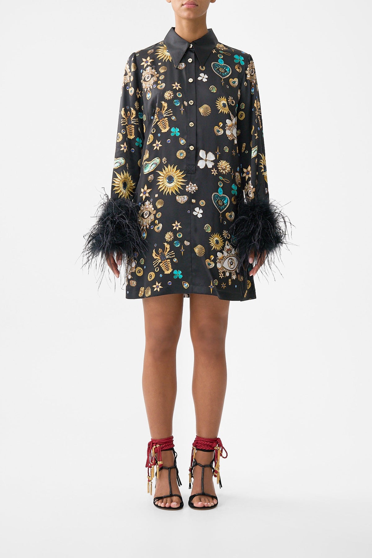 MINI SHIRT DRESS WITH FEATHERS AMULETS AND ALCHEMY