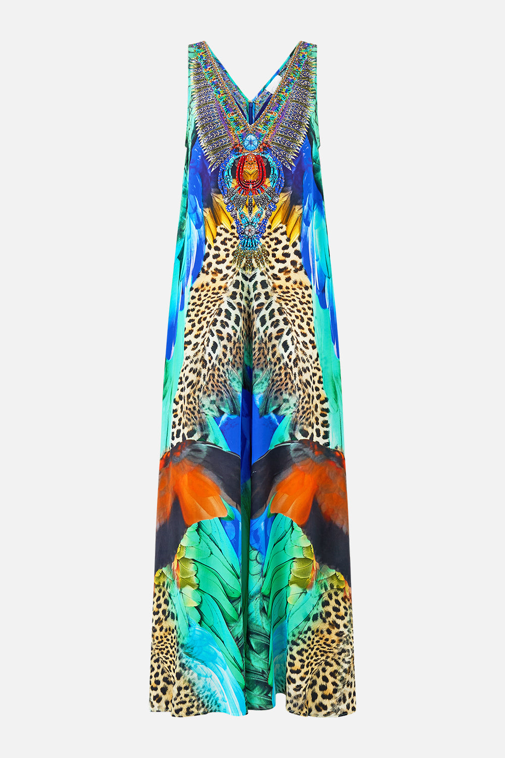 V NECK FLARED JUMPSUIT JUNGLE FLIGHT