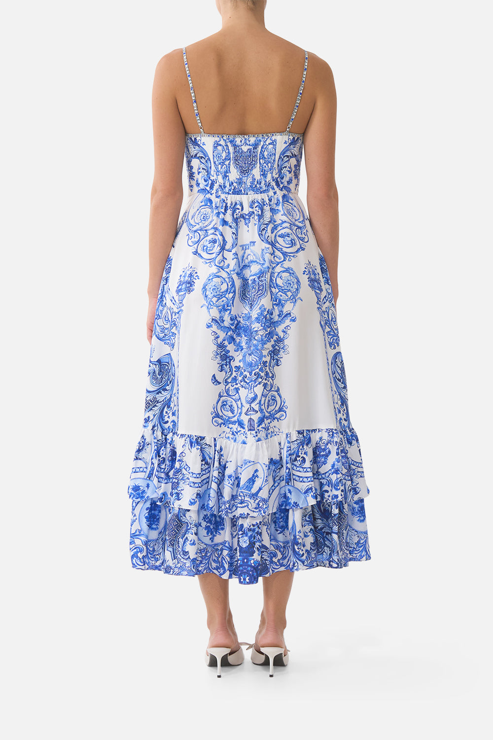 RUFFLE HEM TIE FRONT MIDI DRESS CERAMIC PANORAMIC