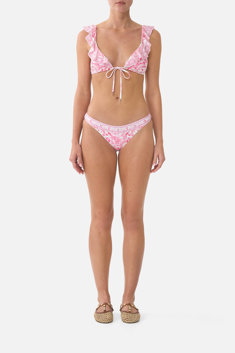 TIE FRONT TRI BIKINI TOP W FRILL NECK LIVIN LA VIDA ROSA