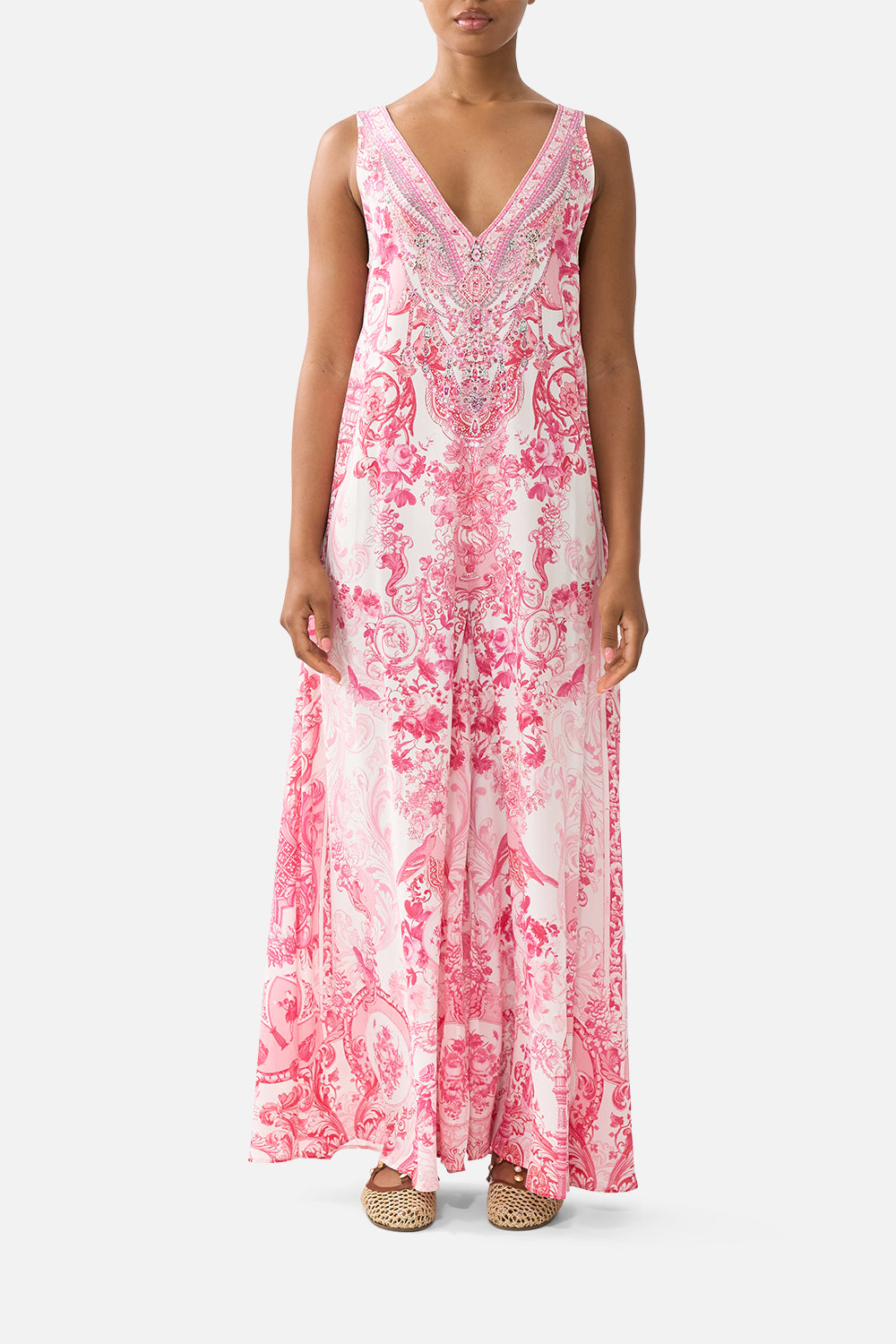 V NECK FLARED JUMPSUIT LIVIN LA VIDA ROSA