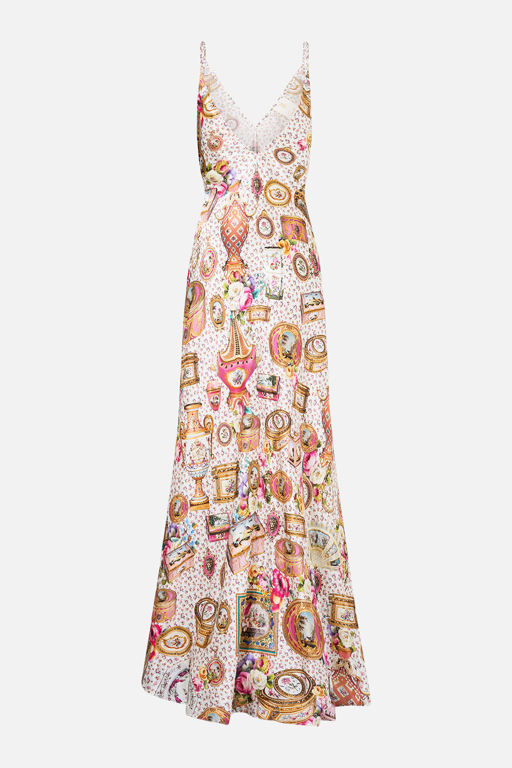 The CAMILLA V-Neck Long Bias Slip Dress With Train in our In The Heart Of Art print.