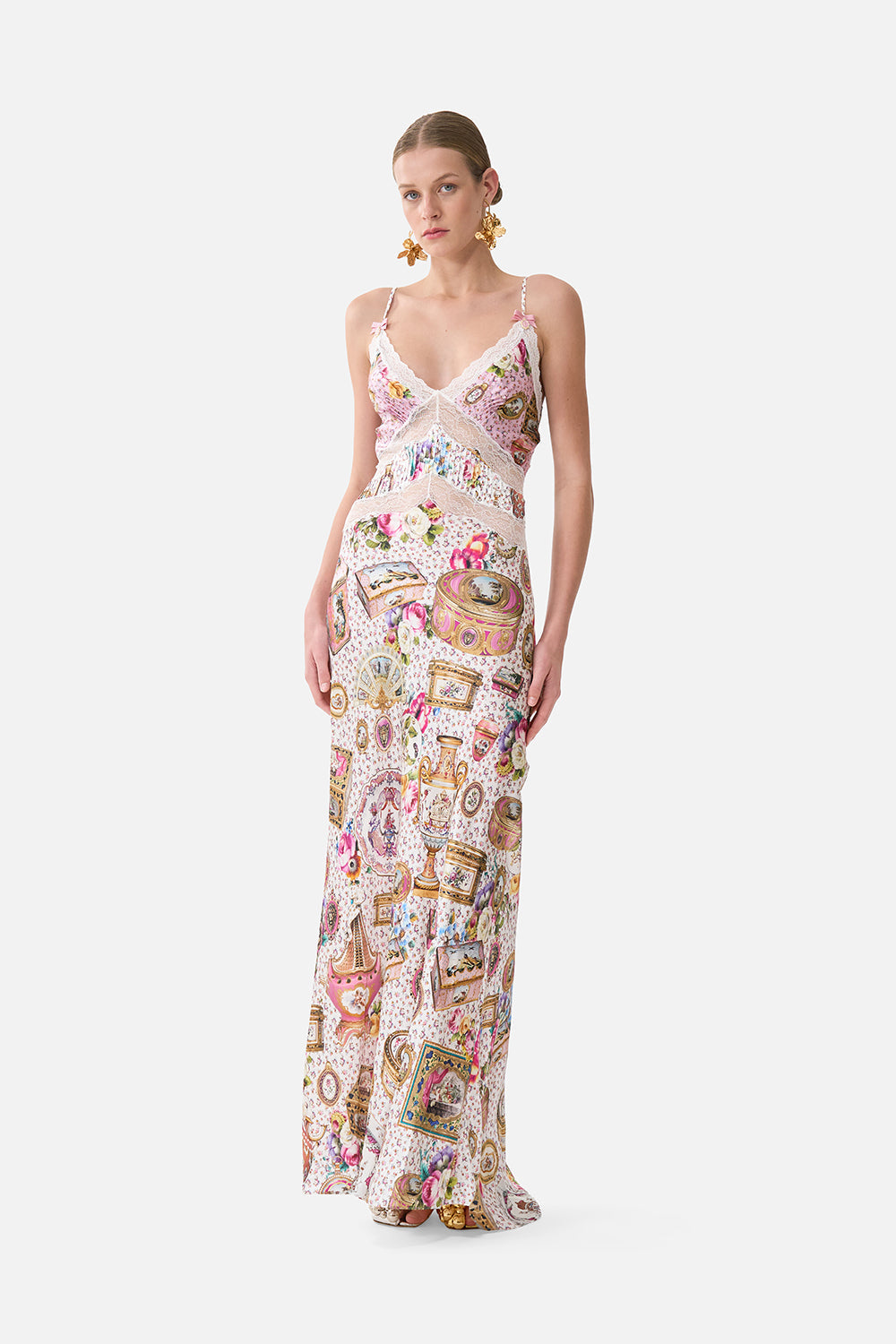 The CAMILLA V-Neck Long Bias Slip Dress With Train in our In The Heart Of Art print.
