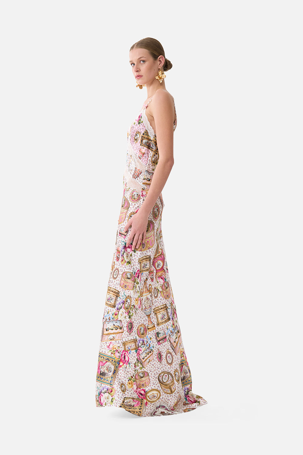 The CAMILLA V-Neck Long Bias Slip Dress With Train in our In The Heart Of Art print.