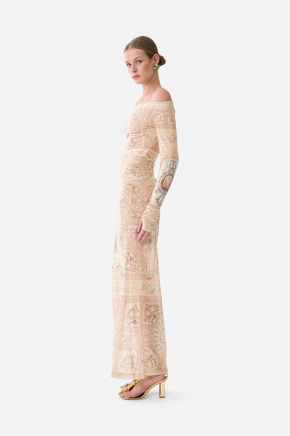 The CAMILLA Mesh Off Shoulder Gathered Jersey Dress in our A Beloved Boudoir print.