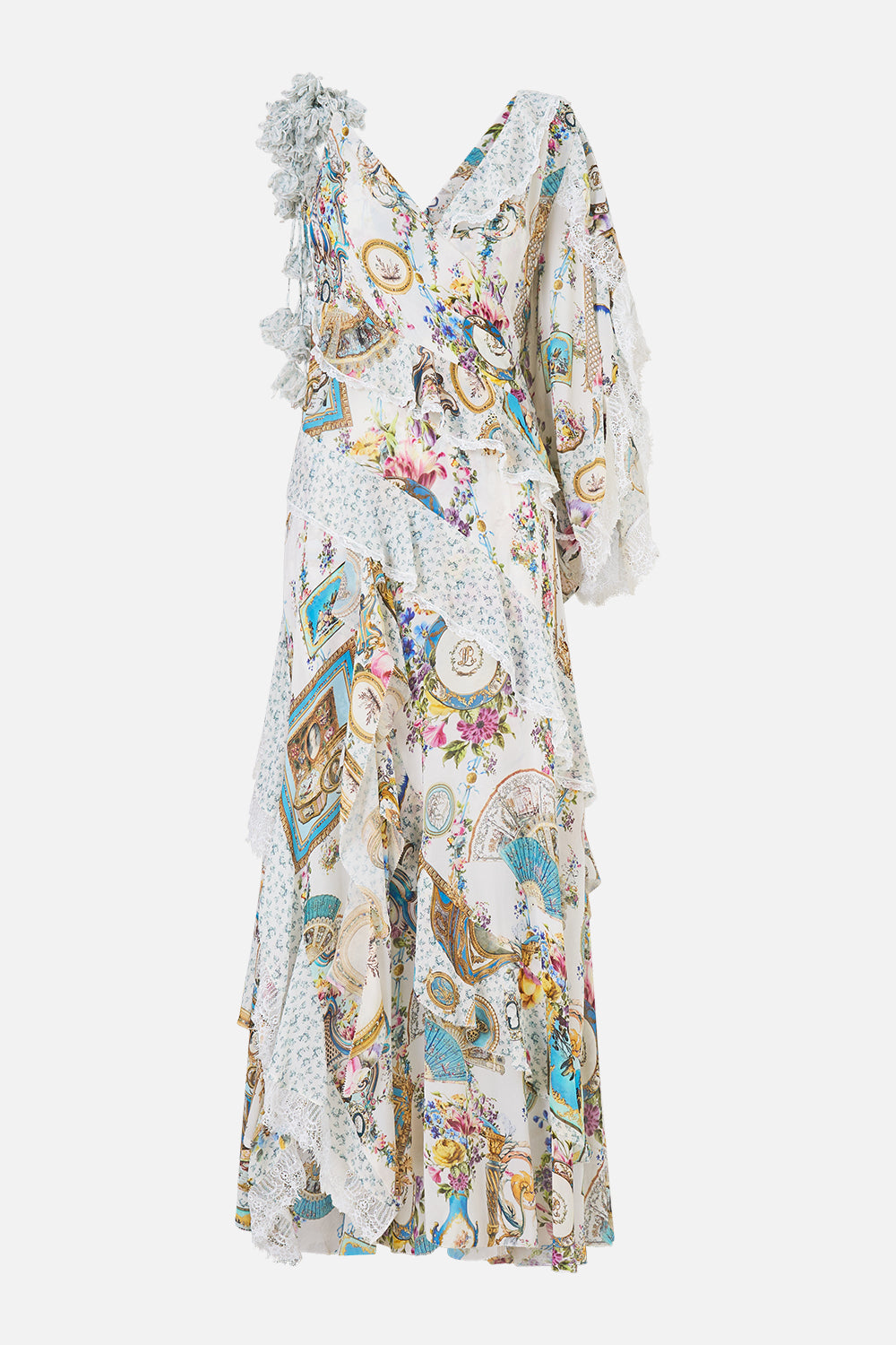 The CAMILLA Asymmetric Spliced Ruffle Dress in our Art For The Artisans print.