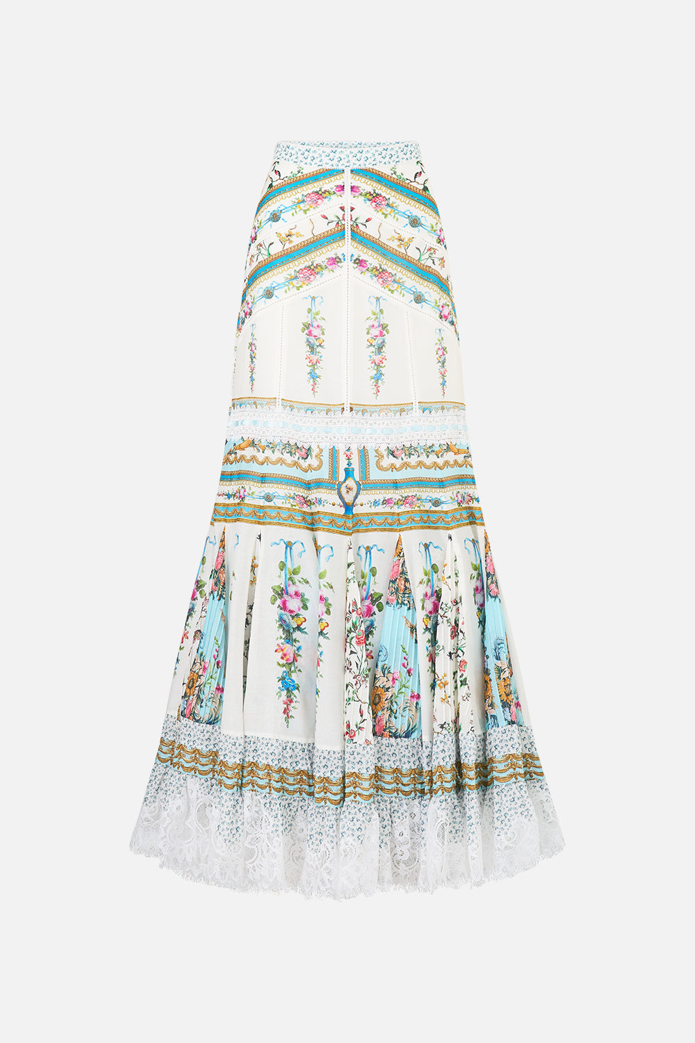 The CAMILLA SQUARE NECK SHORT DRESS WITH PINTUCKS DANDELION SKIES in our print.