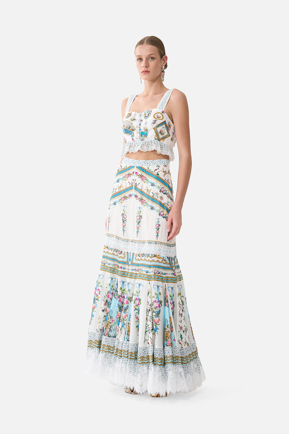 The CAMILLA SQUARE NECK SHORT DRESS WITH PINTUCKS DANDELION SKIES in our DANDELION SKIES print.
