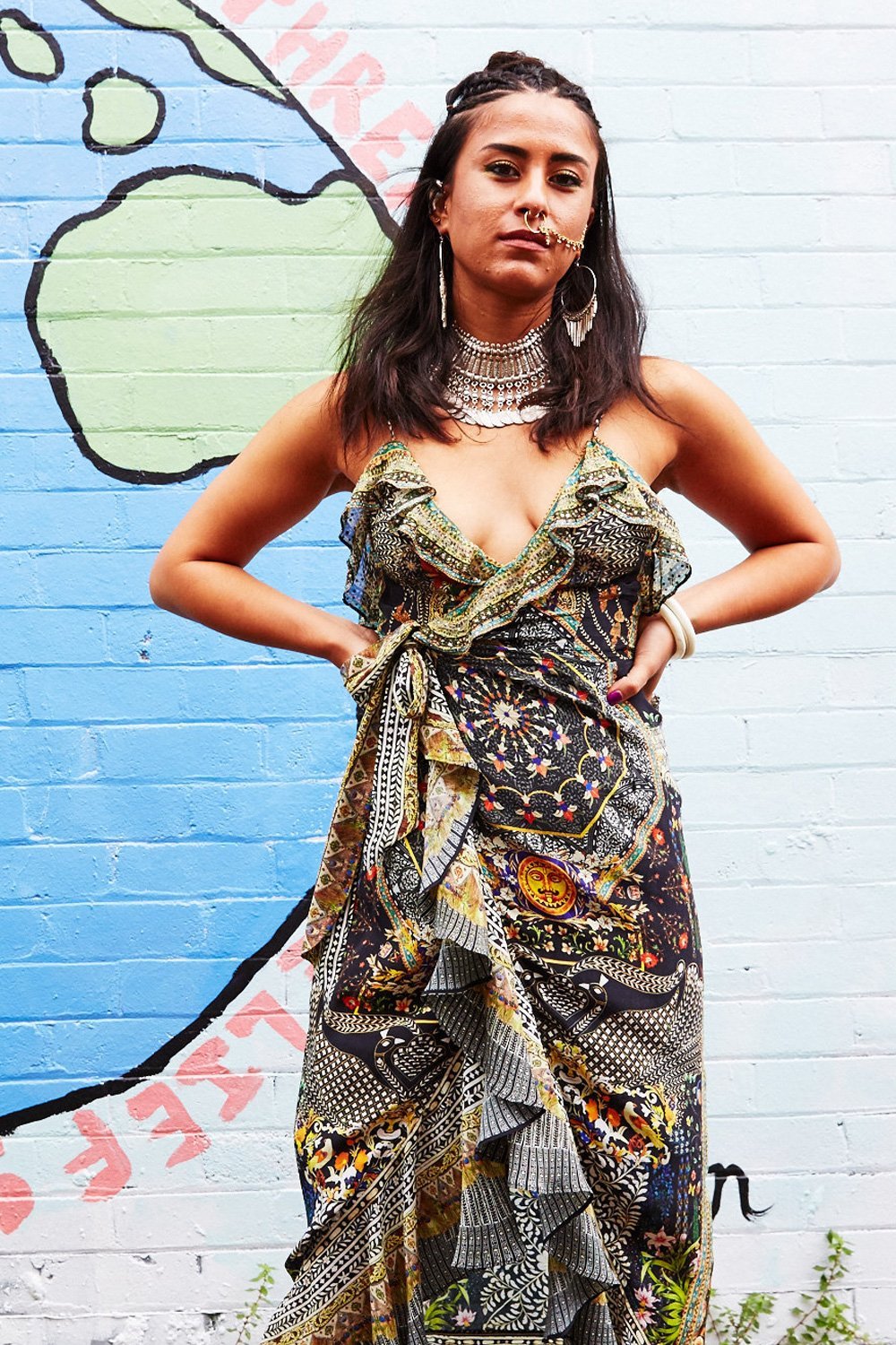 BEHIND CLOSED DOORS LONG WRAP DRESS W FRILL