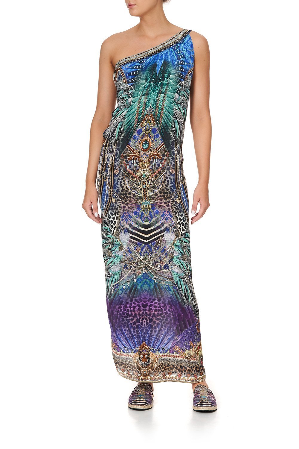 ONE SHOULDER KAFTAN WITH NECKBAND ANIMAL ARMY