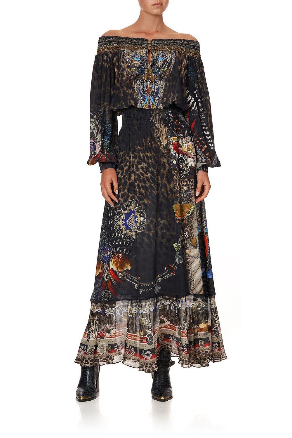 OFF SHOULDER SHIRRED DRESS TREASURE CHASER